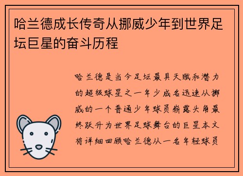 哈兰德成长传奇从挪威少年到世界足坛巨星的奋斗历程